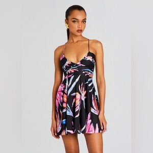 New Rococo Sand Margo A-line Mini Dress Strappy XS Black Floral Soft Satin